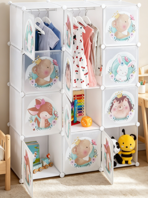 Children's Wardrobe with 2 Clothes Rails and Animal Doors, White, 145x110x37 cm