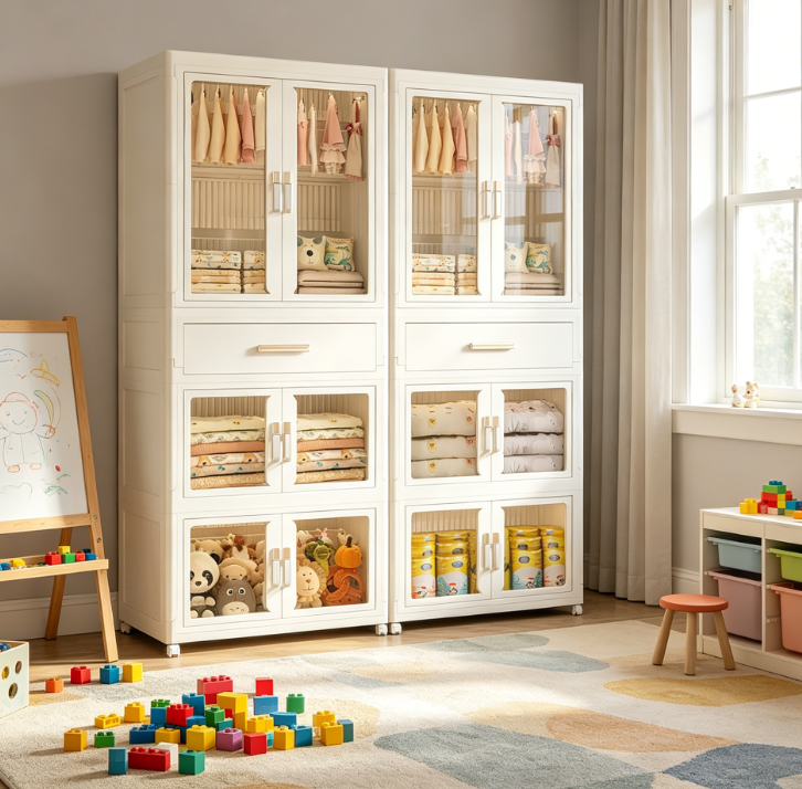 Portable Kids Wardrobe with Doors, Plastic Cabinet with Hanging Rod, for Clothes and Costumes