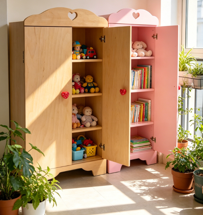 Doll's Wardrobe, Wooden, 2 Doors with Clothes Rail and Shelves, Natural, 23x43x61 cm, for Ages 18+ Months